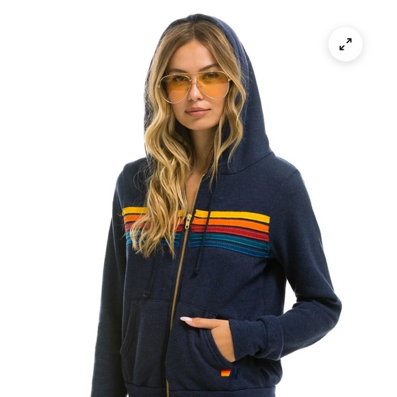 Aviator Nation Navy Blue Hooded Sweater with Multicolor Stripes sz Large - Picture 3 of 14